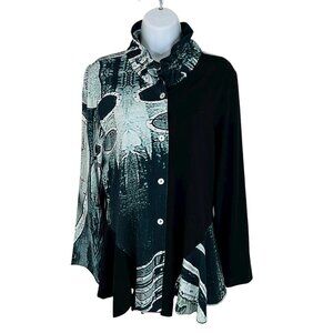 Parsley & Sage Women's Size M Button Up Moldable Cowl Neck Black White Shirt